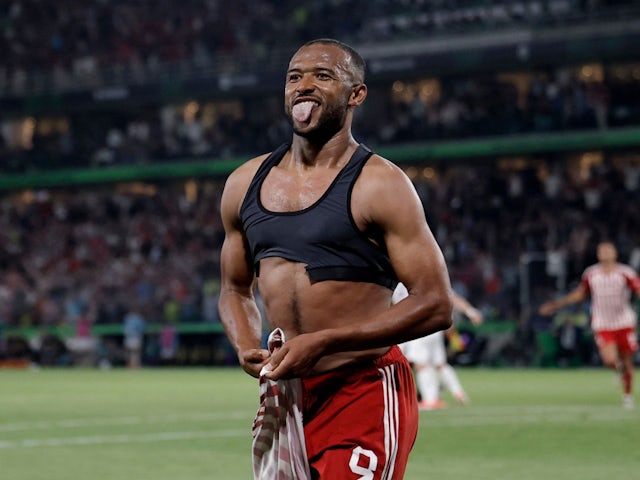 Olympiacos' Ayoub El Kaabi celebrates scoring their first goal on May 29, 2024