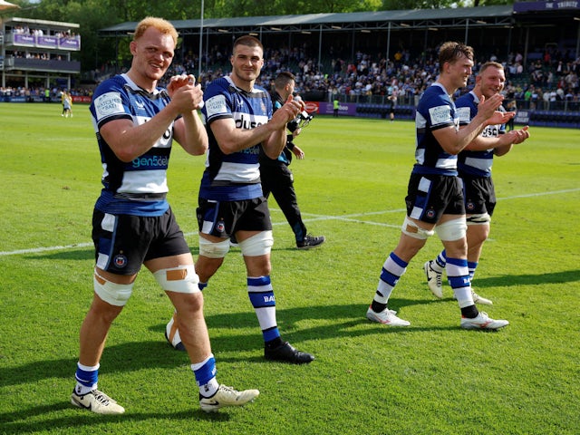Bath Rugby's Ted Hill, Sam Underhill, Josh Bayliss and Miles Reid applaud fans after the match on May 29, 2024