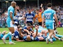 Bath Rugby's Miles Reid celebrates a try scored by Niall Annett on June 1, 2024