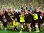 Borussia Dortmund celebrate with the trophy after winning the Champions League final on May 28, 1997