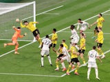 Real Madrid's Dani Carvajal scores against Borussia Dortmund on June 1, 2024