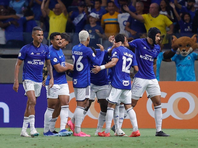 Cruzeiro's Nikao celebrates scoring their first goal with teammates on May 30, 2024