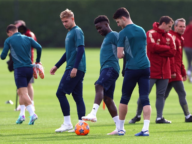 Arsenal's Emile Smith Rowe, Bukayo Saka and Declan Rice during training in October 2023