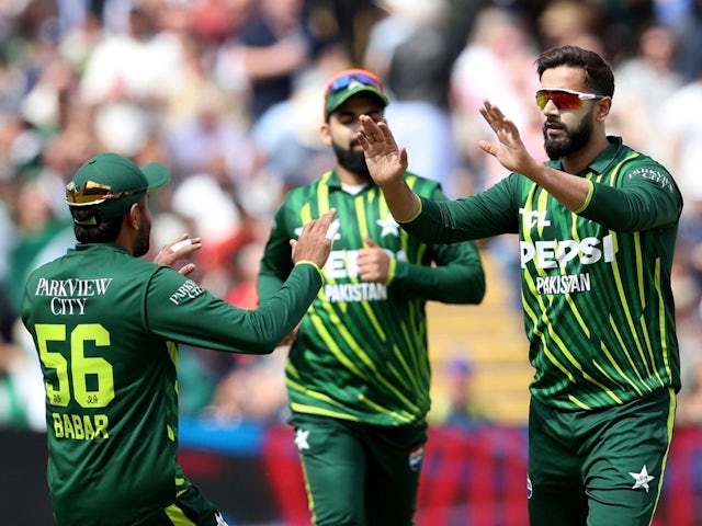 Pakistan's Imad Wasim celebrates after taking a wicket on May 25, 2024