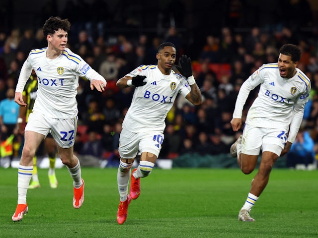 Leeds United's Crysencio Summerville celebrates scoring their first goal with Georginio Rutter and Archie Gray on March 29, 2024