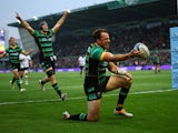 Northampton Saints' Burger Odendaal celebrates scoring a try on May 31, 2024