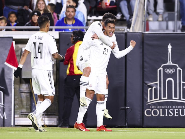 Manfred Ugalde celebrates scoring for Costa Rica in March 2024