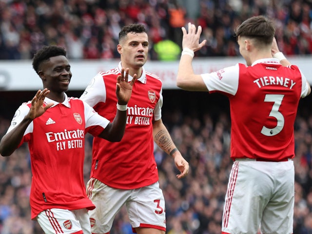 Arsenal's Bukayo Saka celebrates scoring their fourth goal with Kieran Tierney and Granit Xhaka on June 5, 2024