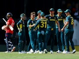 Australia celebrate taking a wicket against England on June 8, 2024.