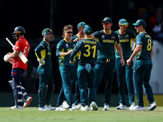 Australia celebrate taking a wicket against England on June 8, 2024.