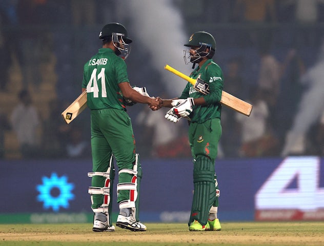 Bangladesh's Tanzim Hasan Sakib and Tawhid Hridoy celebrate after winnning the match on June 5, 2024