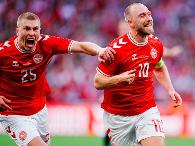 Denmark's Christian Eriksen celebrates scoring their second goal on June 5, 2024