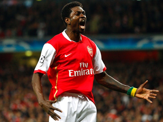 Emmanuel Adebayor celebrates scoring for Arsenal in 2008
