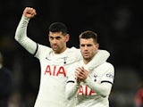 Tottenham Hotspur's Cristian Romero and Giovani Lo Celso celebrate after the match on December 10, 2023