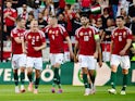 Hungary's Barnabas Varga celebrates scoring their second goal with teammates on June 8, 2024 