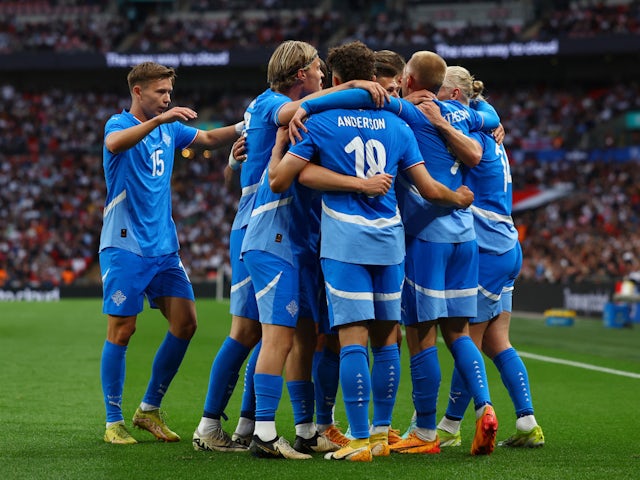 Iceland's Jon Dagur Thorsteinsson celebrates scoring their first goal on June 7, 2024