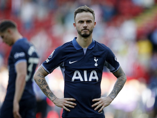 Tottenham Hotspur midfielder James Maddison looking dejected in May 2024.