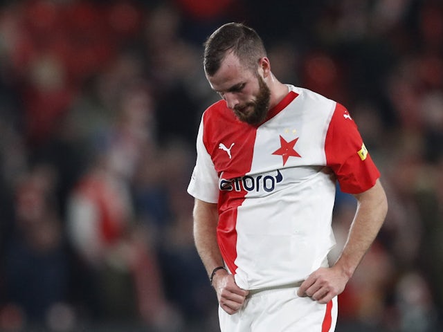 Slavia Prague's Vaclav Jurecka looks dejected after the match on March 14 , 2024