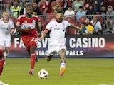 Toronto striker Lorenzo Insigne fires a shot in an MLS match in June 2024