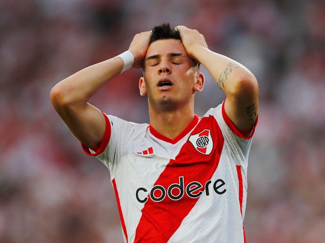 River Plate's Franco Mastantuono reacts in February 2024
