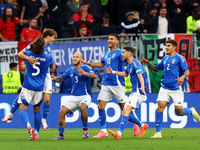 Italy's Nicolo Barella celebrates scoring against Albania on June 15, 2024