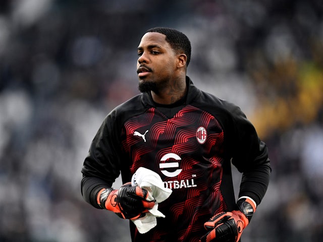 AC Milan's Mike Maignan during the warm up before the match on April 27, 2024