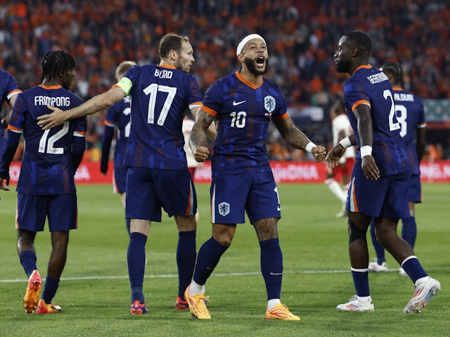 Netherlands' Memphis Depay celebrates scoring their first goal on June 6, 2024