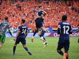 Netherlands celebrate Wout Weghorst goal against Poland on June 16, 2024.