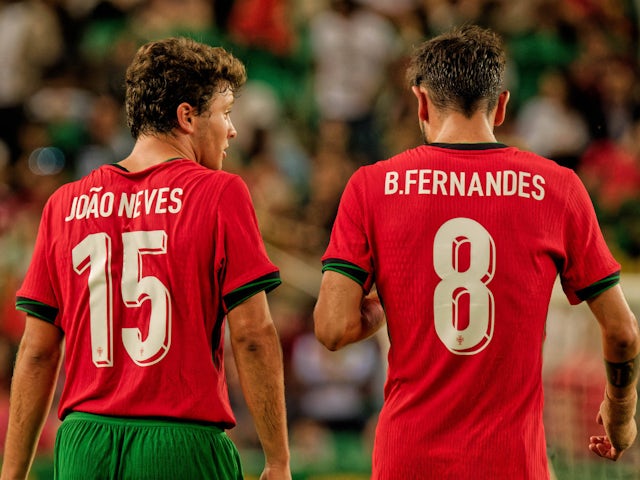 Joao Neves and Bruno Fernandes during the International Friendly on June 5, 2024