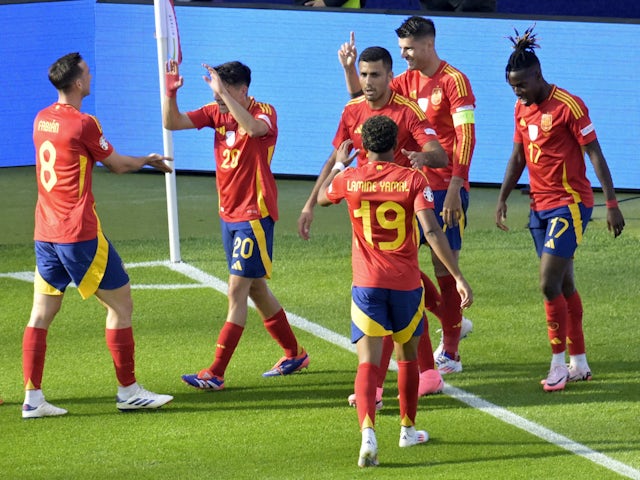 Spain's Alvaro Morata celebrates scoring against Croatia on June 15, 2024