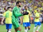 Alisson reacts to a play for Brazil during a friendly with the USA in June 2024