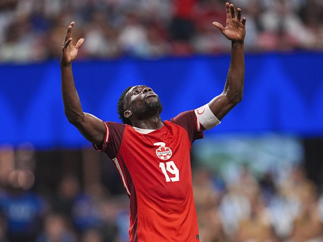 Canada captain Alphonso Davies reacts to a near miss at the opening game of the 2024 Copa America