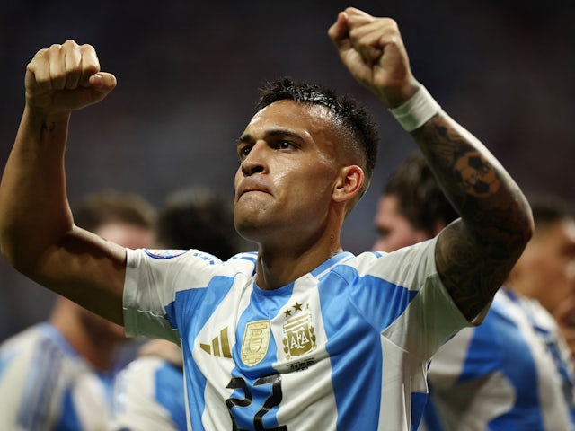 Lautaro Martinez celebrates scoring for Argentina at the 2024 Copa America
