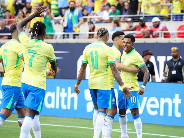 Rodrygo celebrates scoring for Brazil in  friendly versus the USA in June 2024