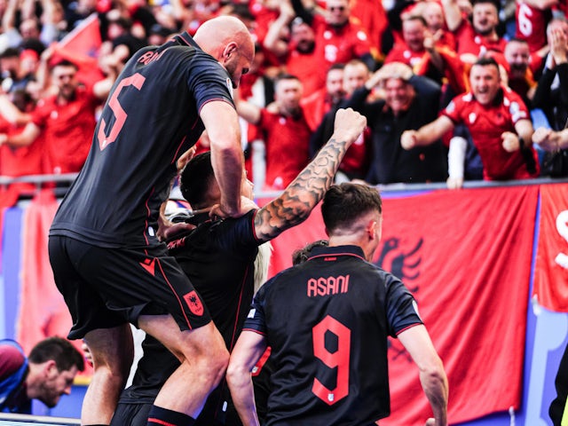Albania celebrate Qazim Laci's opening goal against Croatia at Euro 2024 on June 19, 2024. (IMAGO).