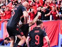 Albania celebrate Qazim Laci's opening goal against Croatia at Euro 2024 on June 19, 2024. (IMAGO)