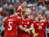 Denmark's Morten Hjulmand celebrates scoring against England on June 20, 2024
