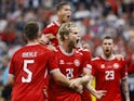 Denmark's Morten Hjulmand celebrates scoring against England on June 20, 2024