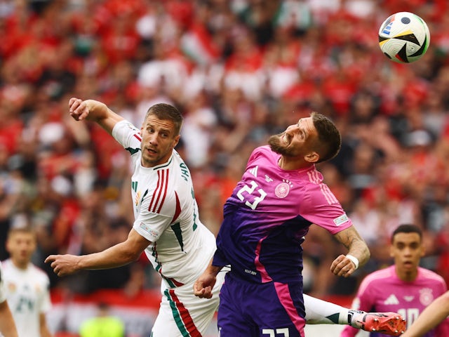 Hungary's Barnabas Varga in action with Germany's Robert Andrich on June 19, 2024