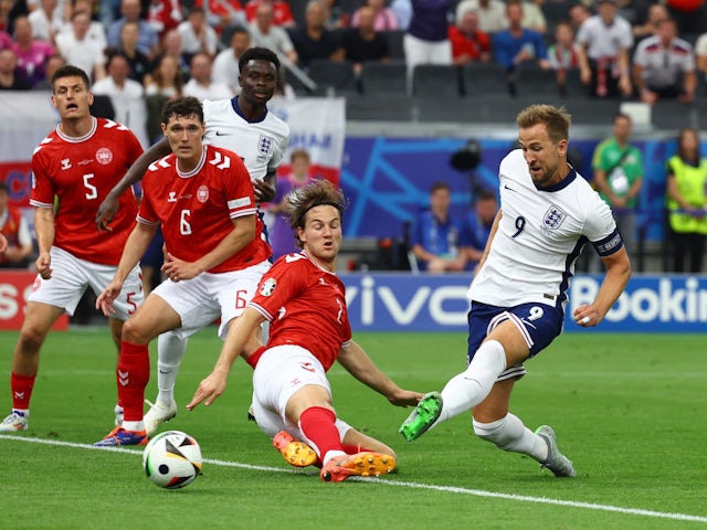 England's Harry Kane scores against Denmark on June 20, 2024