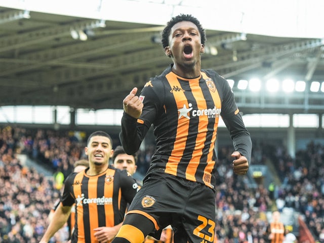 Hull City's Jaden Philogene celebrates after scoring his first goal on March 2, 2024 [IMAGO]