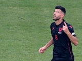 Albania midfielder Klaus Gjasula cuts a relieved figure after scoring against Croatia at Euro 2024 on June 19, 2024.