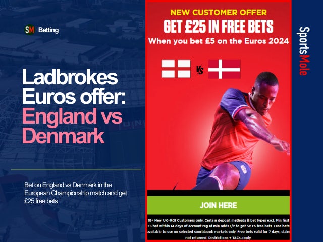 Ladbrokes Euro offers - Bet £5 get £25 in free bets on England vs Denmark