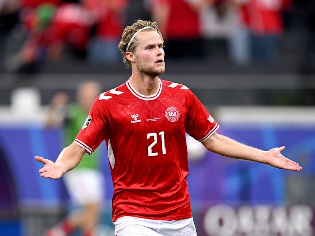 Denmark's Morten Hjulmand celebrates scoring on June 20, 2024 [IMAGO]