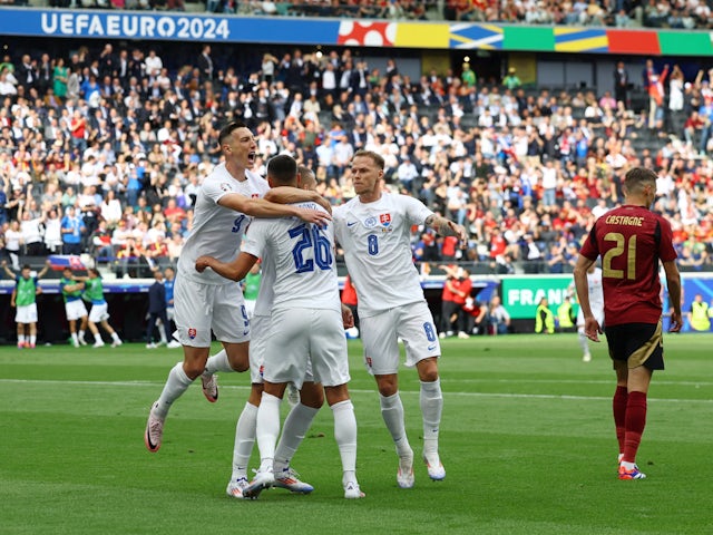Ivan Schranz celebrates scoring for Slovakia against Belgium at Euro 2024 on June 17, 2024.