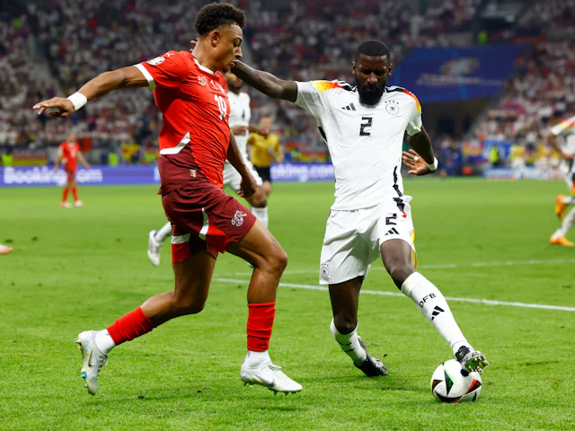Germany's Antonio Rudiger in action with Switzerland's Dan Ndoye on June 23, 2024