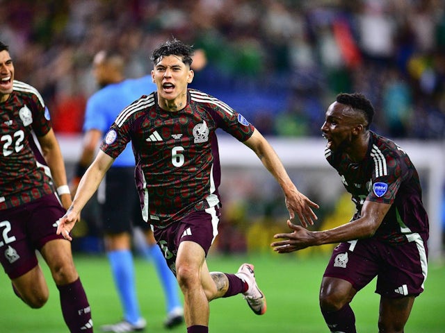 Mexico defender Gerardo Arteaga celebrates after scoring in their opening match at the 2024 Copa America