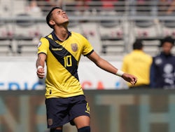 Kendry Paez of Ecuador reacts after missing a scoring opporutnity at the 2024 Copa America