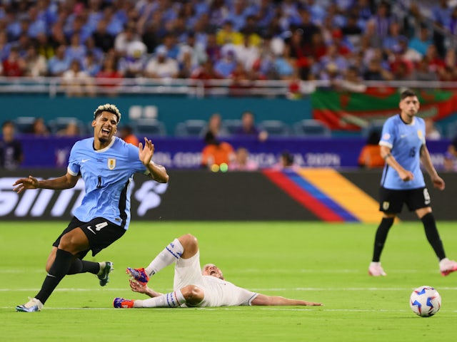 Uruguay defender Ronald Araujo reacts to a play at the Copa America on June 24, 2024