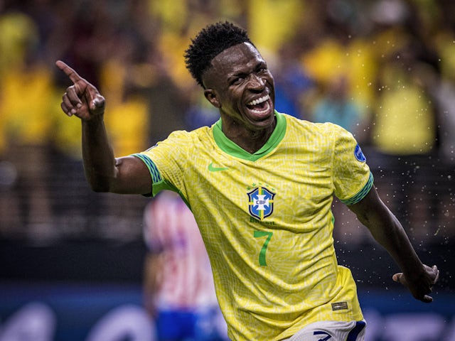  Vinicius Junior celebrates scoring for Brazil on June 28, 2024 at the Copa America